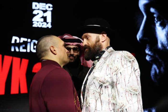 Tyson Fury şi Oleksandr Usik, faţă în faţă timp de 11 minute la tradiţionala întâlnire dinaintea meciului de sâmbătă